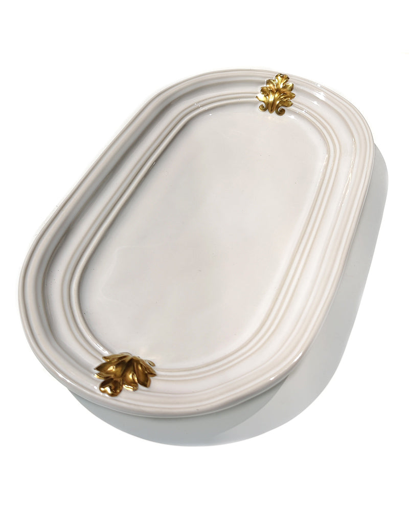Juliska Acanthus Gold Hostess tray in whitewashed finish side view