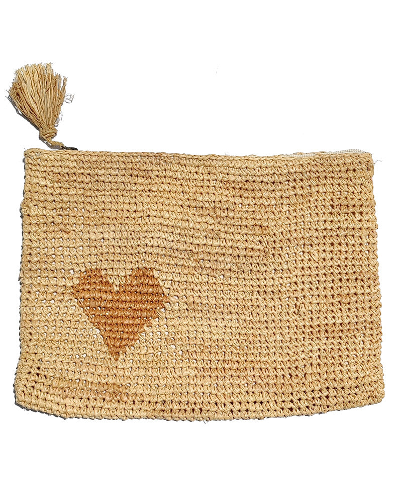 AERIN LARGE HEART RAFFIA ZIP POUCH