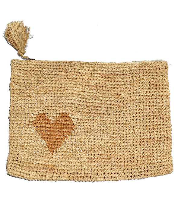 AERIN LARGE HEART RAFFIA ZIP POUCH