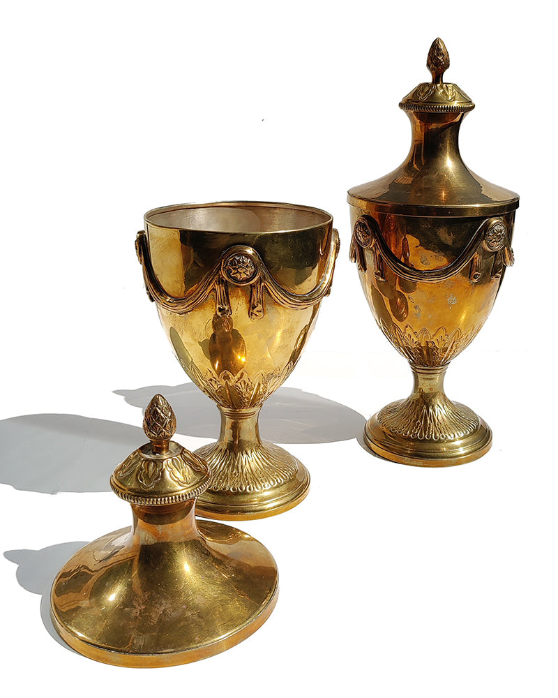 ORNATE BRASS PEDESTAL URNS, Pair