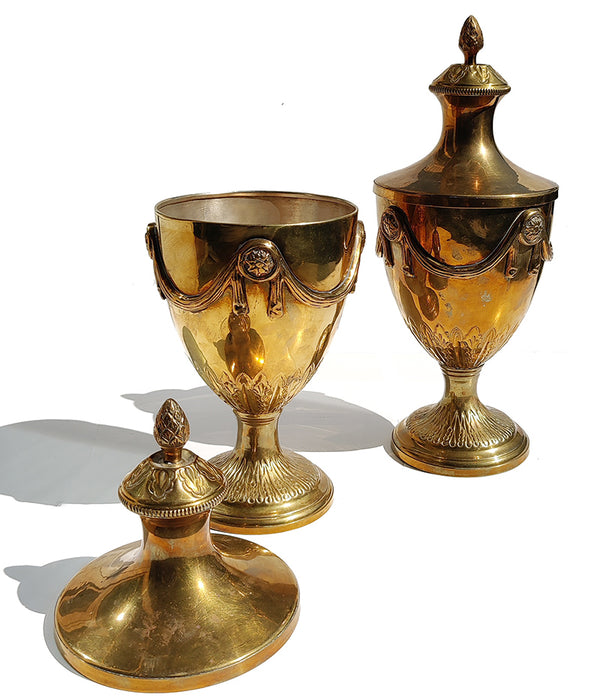 ORNATE BRASS PEDESTAL URNS, Pair