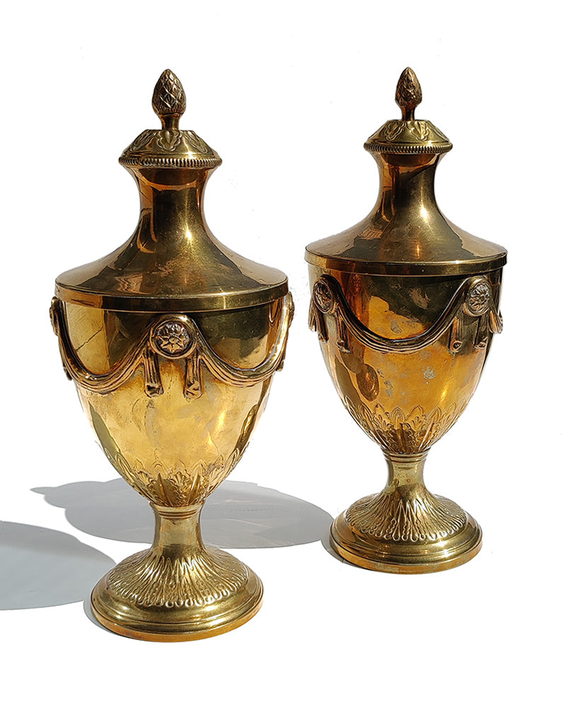 ORNATE BRASS PEDESTAL URNS, Pair