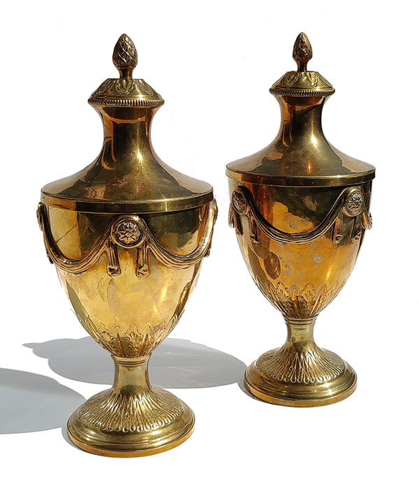 ORNATE BRASS PEDESTAL URNS, Pair