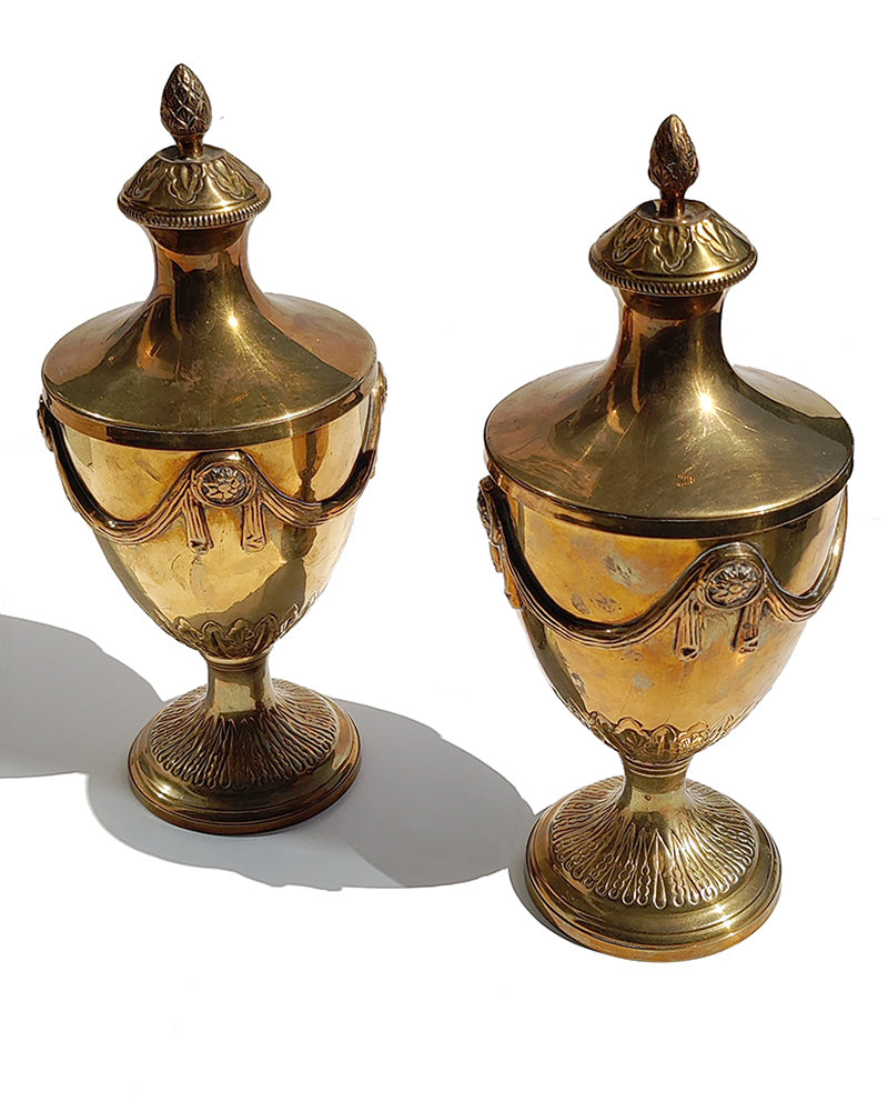 ORNATE BRASS PEDESTAL URNS, Pair