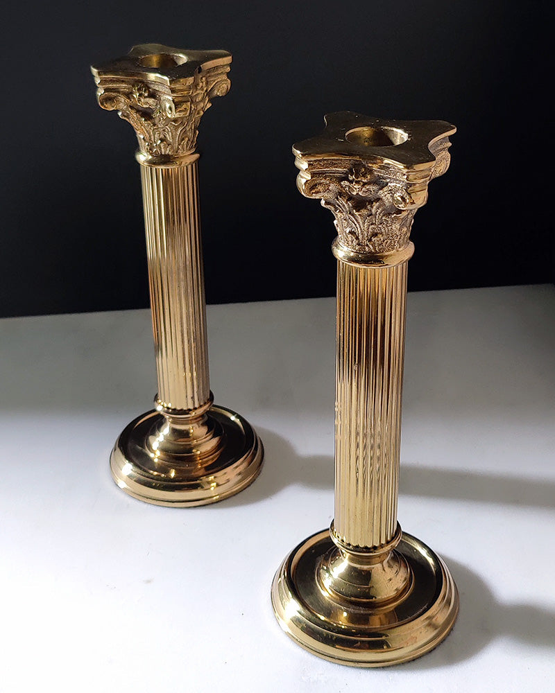 BRASS COLUMN CANDLEHOLDERS, Pair