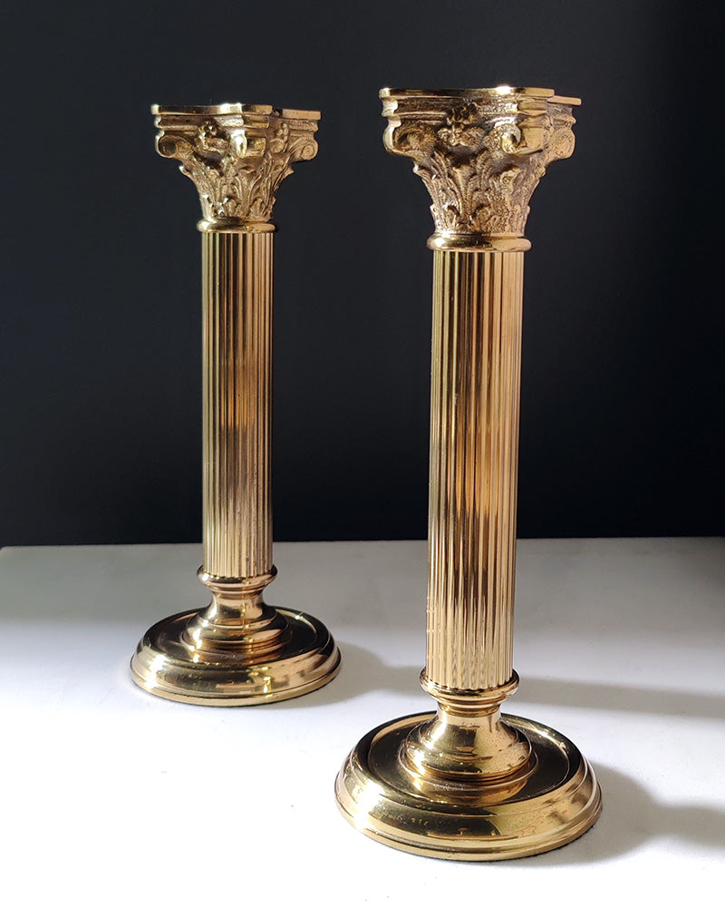 BRASS COLUMN CANDLEHOLDERS, Pair