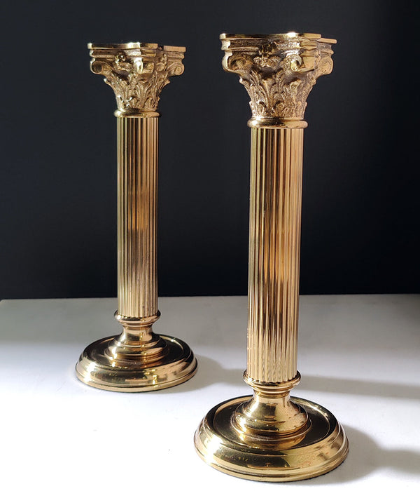 BRASS COLUMN CANDLEHOLDERS, Pair