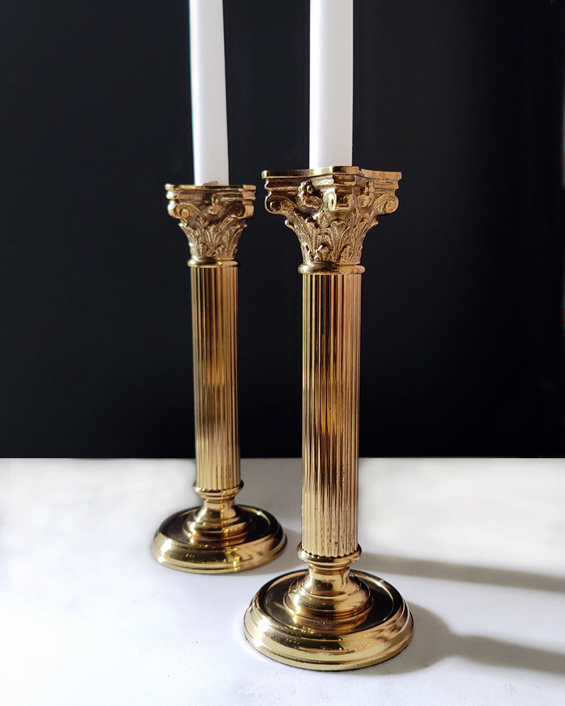 BRASS COLUMN CANDLEHOLDERS, Pair