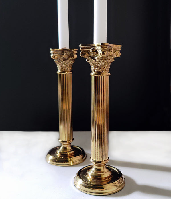 BRASS COLUMN CANDLEHOLDERS, Pair