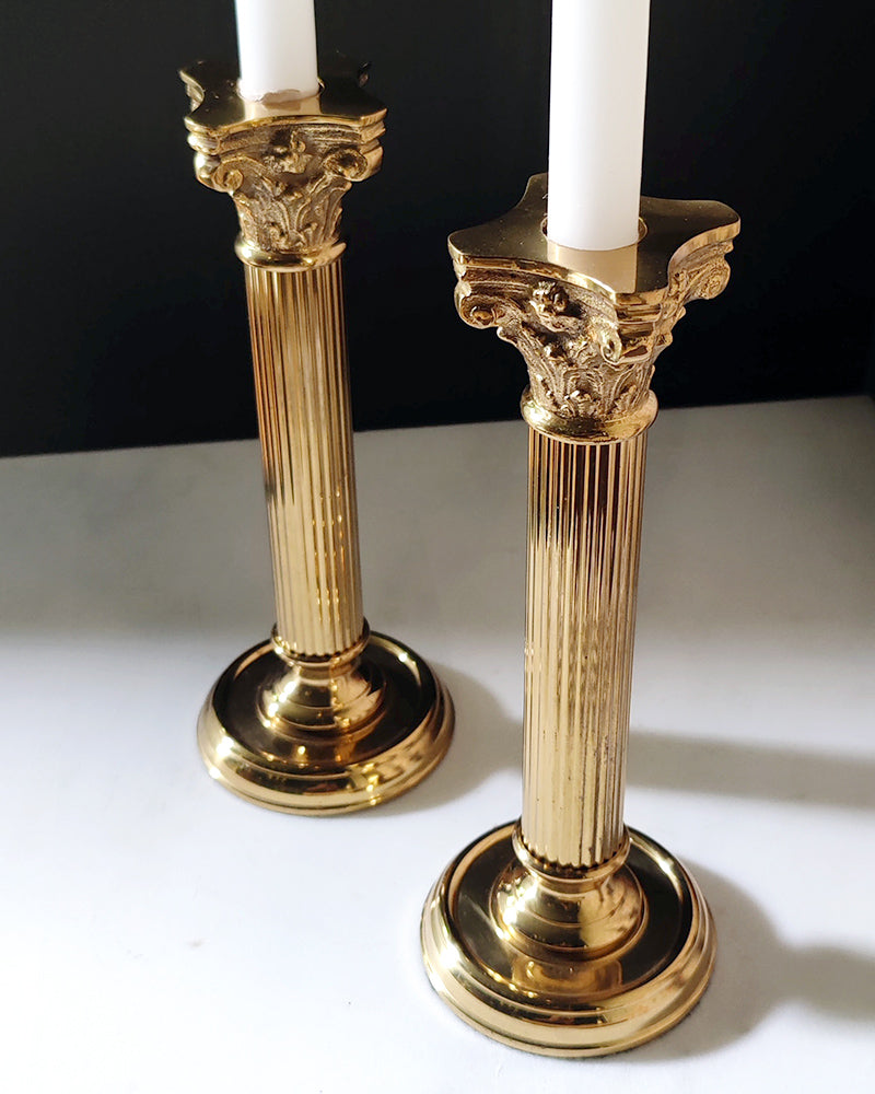 BRASS COLUMN CANDLEHOLDERS, Pair