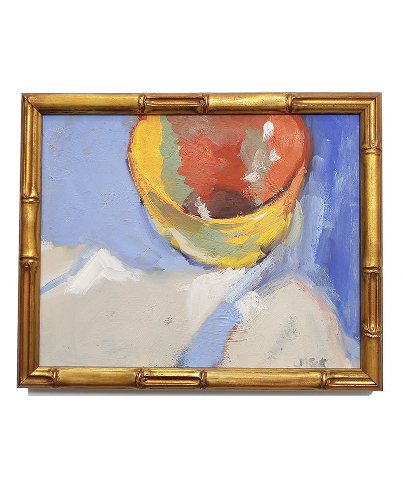 YELLOW BOWL ON BLUE OIL PAINTING