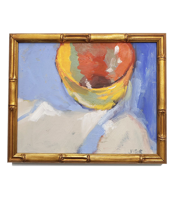 YELLOW BOWL ON BLUE OIL PAINTING