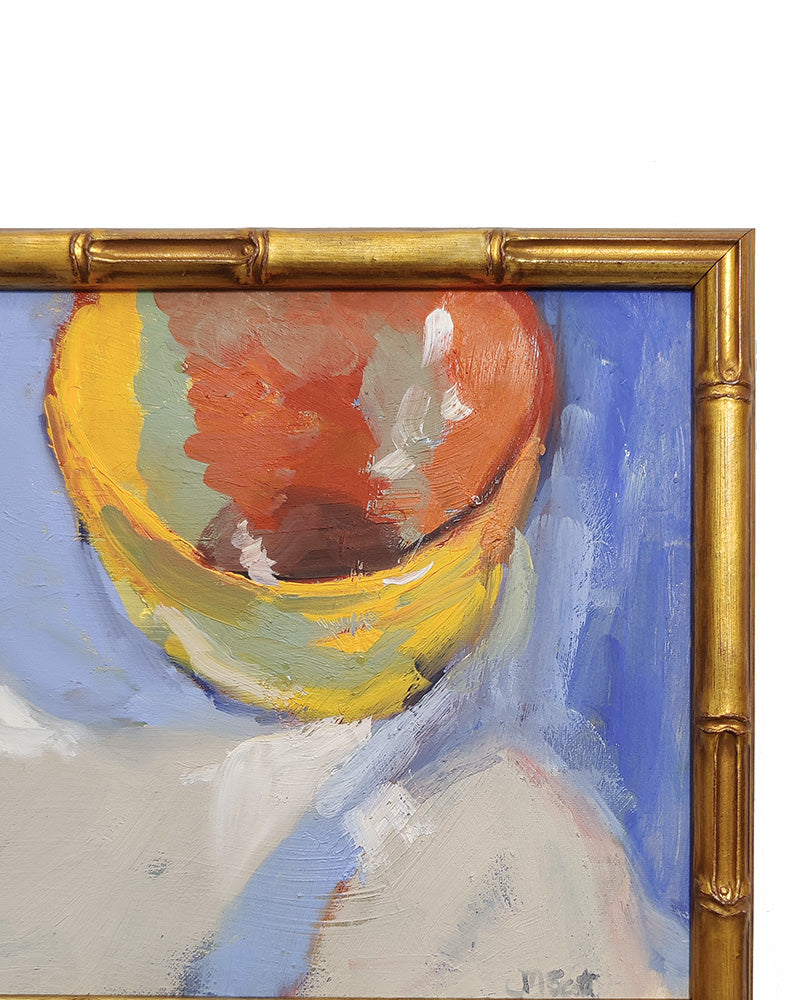 YELLOW BOWL ON BLUE OIL PAINTING