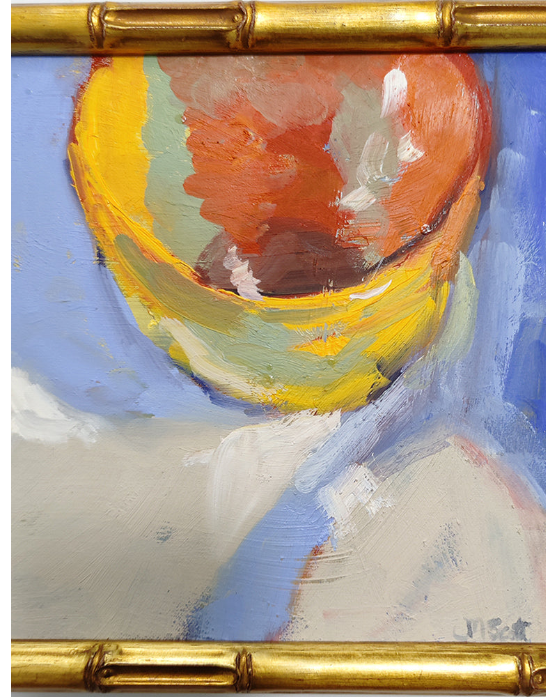 YELLOW BOWL ON BLUE OIL PAINTING