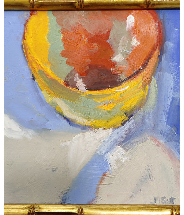 YELLOW BOWL ON BLUE OIL PAINTING