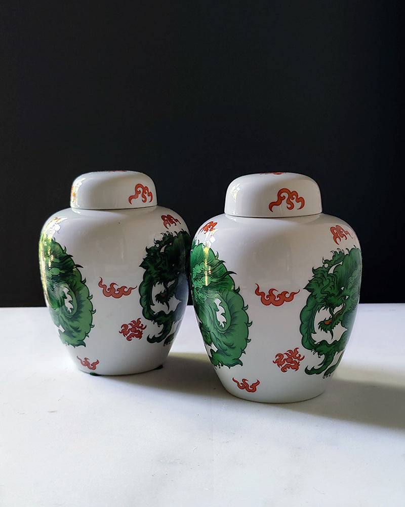 FITZ & FLOYD GREEN DRAGON CREST GINGER JARS