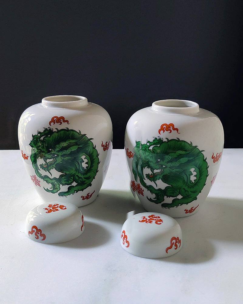 FITZ & FLOYD GREEN DRAGON CREST GINGER JARS