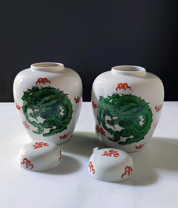 FITZ & FLOYD GREEN DRAGON CREST GINGER JARS