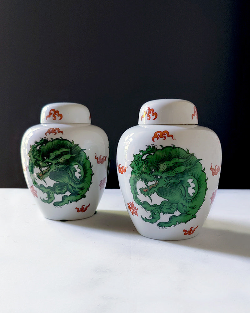 FITZ & FLOYD GREEN DRAGON CREST GINGER JARS