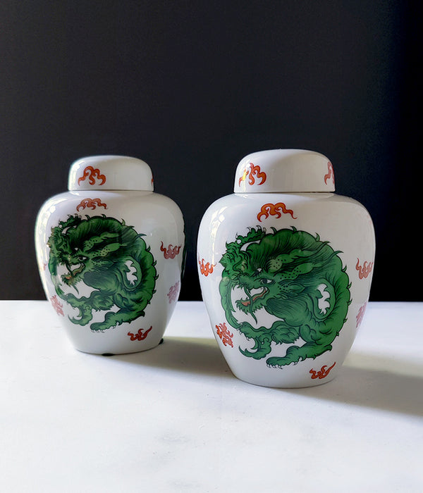 FITZ & FLOYD GREEN DRAGON CREST GINGER JARS