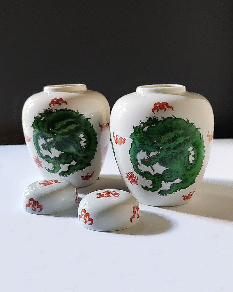 FITZ & FLOYD GREEN DRAGON CREST GINGER JARS