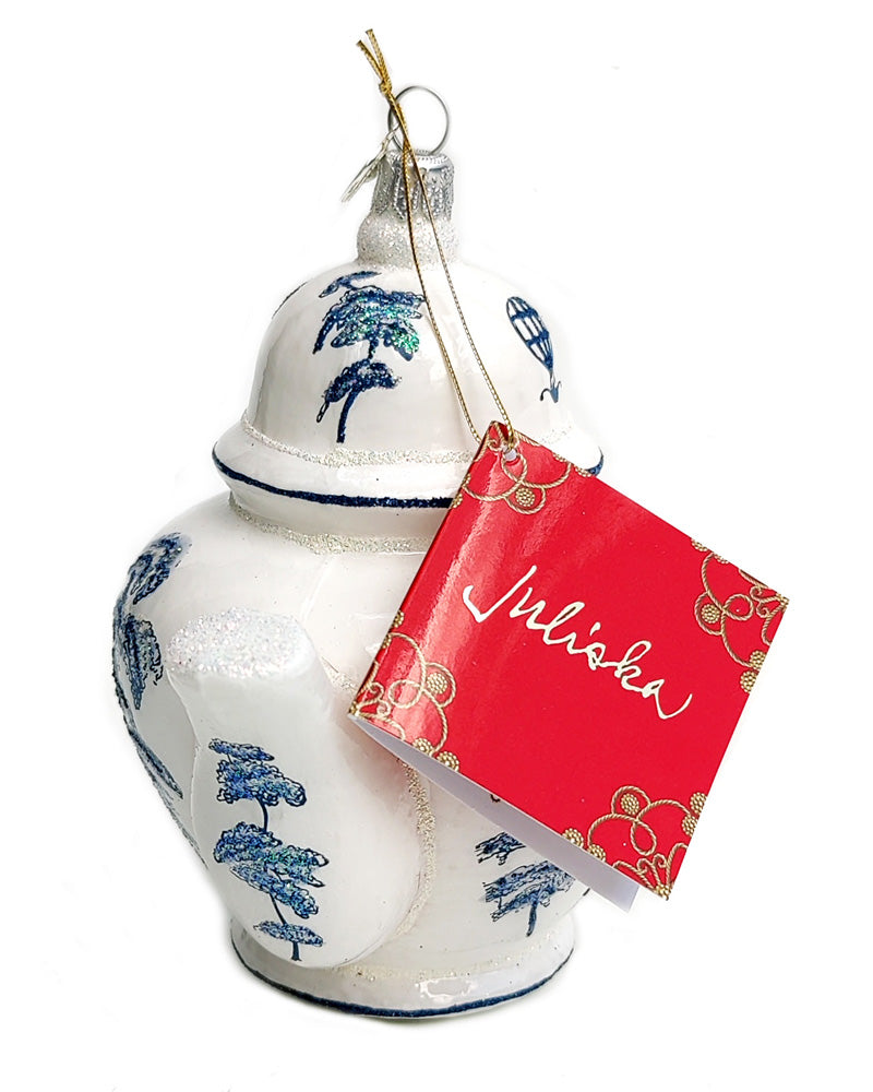Juliska Country Estate Delft Teapot Glass Ornament side view