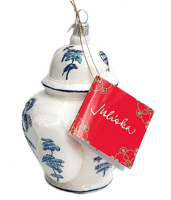 detail box for Juliska Country Estate Delft Teapot Glass Ornament