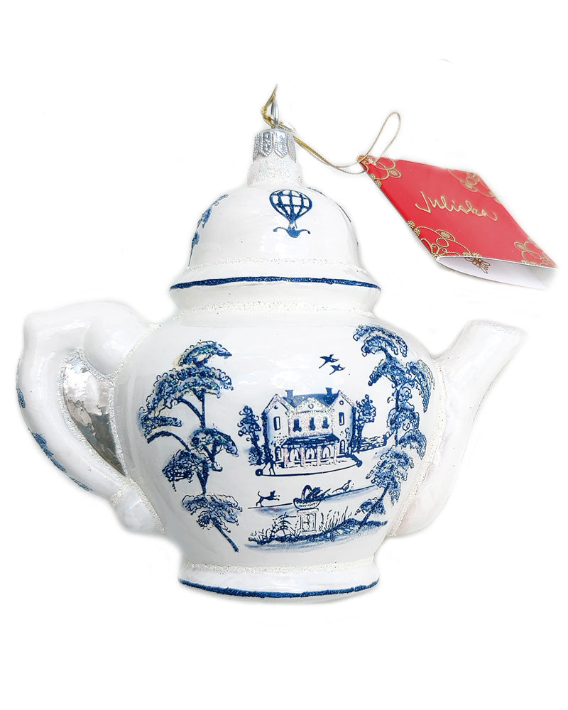 Juliska Country Estate Delft Teapot Glass Ornament front view