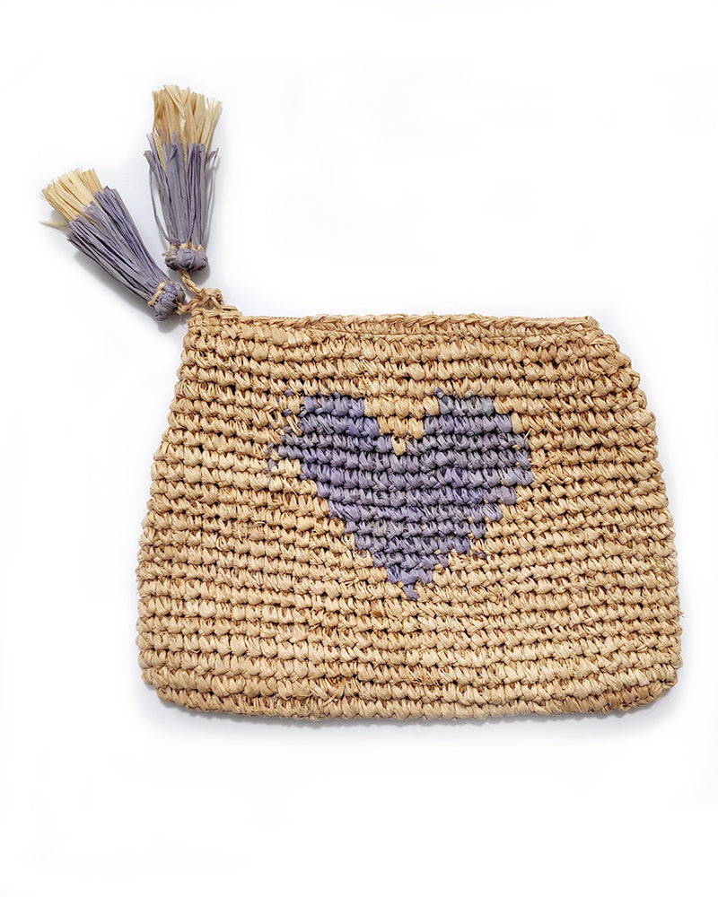 AERIN SMALL HEART RAFFIA ZIP POUCH