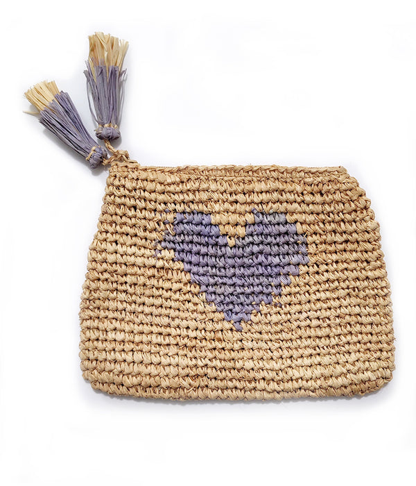 AERIN SMALL HEART RAFFIA ZIP POUCH