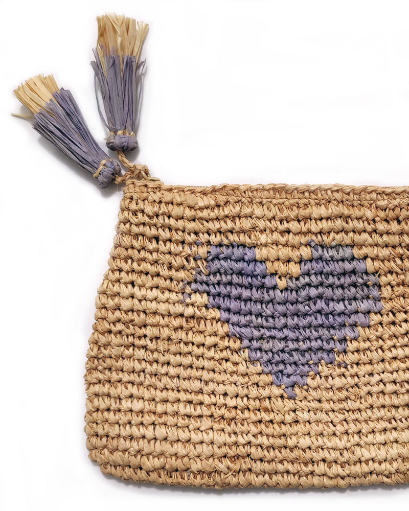 AERIN SMALL HEART RAFFIA ZIP POUCH