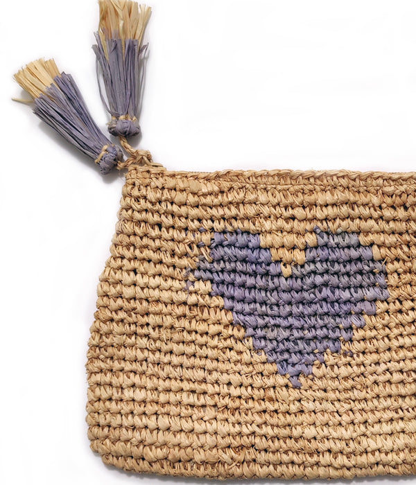 AERIN SMALL HEART RAFFIA ZIP POUCH