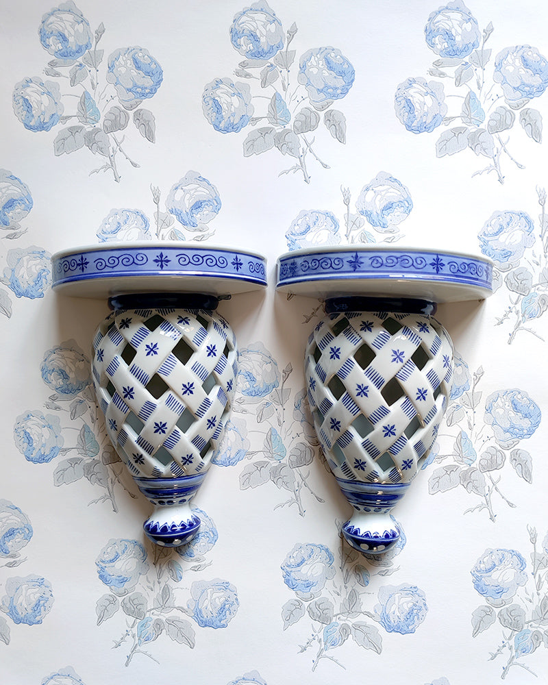 BLUE & WHITE OPEN WEAVE WALL SHELVES