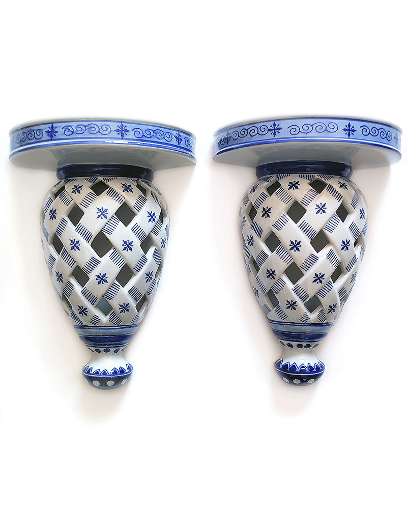 BLUE & WHITE OPEN WEAVE WALL SHELVES