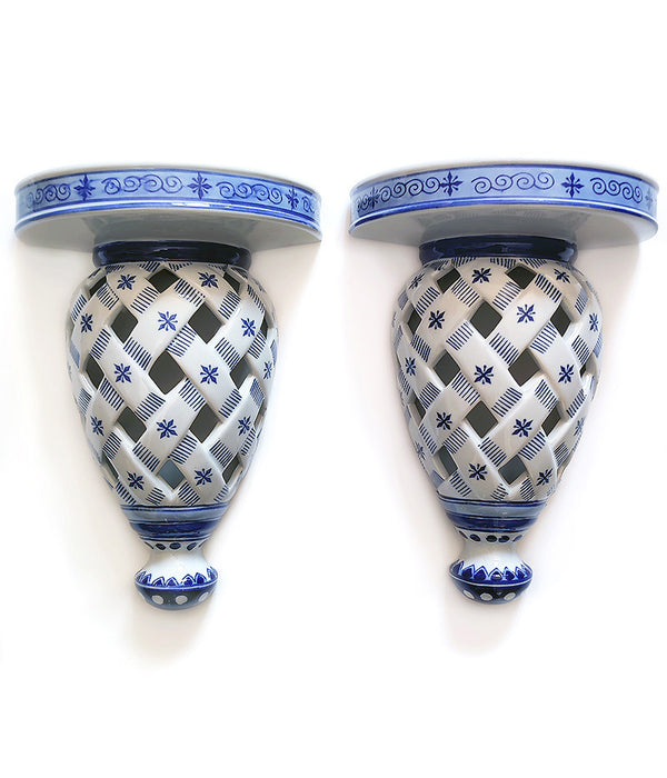 BLUE & WHITE OPEN WEAVE WALL SHELVES