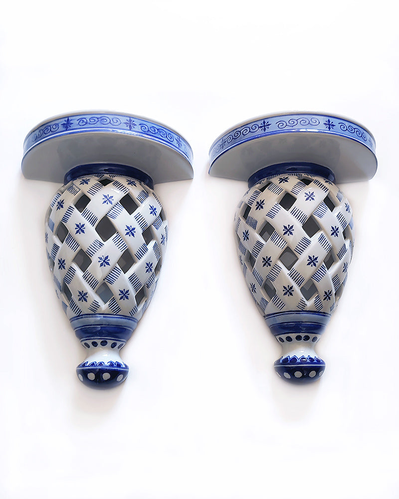 BLUE & WHITE OPEN WEAVE WALL SHELVES